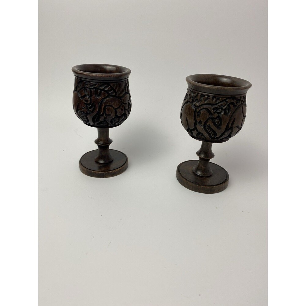 Vintage Hand Carved African Wood Goblets Set Of 2